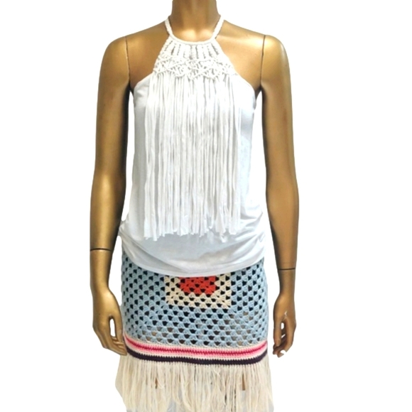 White Tank Top Fringe Racer back Festival Summer Top Short Sleeve Halter Top - Picture 3 of 8